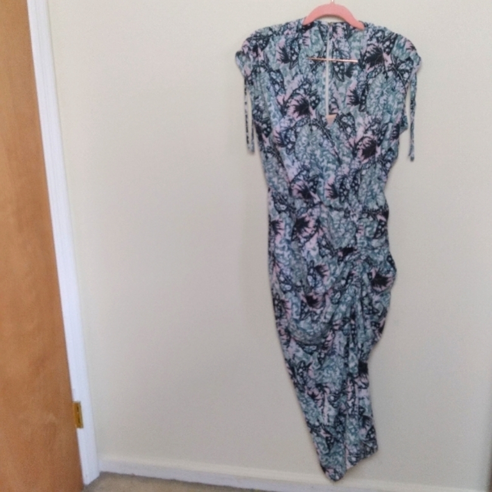 Bebe Green and White Shirred Tropical Print Short Sleeve Midi Dress Size XS - Picture 3 of 16